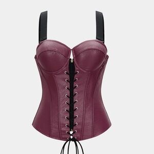 Burgundy Faux Leather Lace Up Bustier